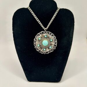 Intricate Silver Necklace with Turquoise Blue Accents Medallion​​​